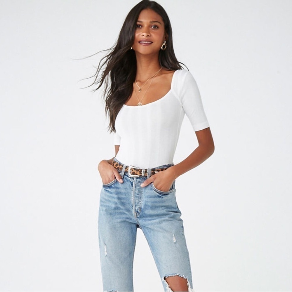 Forever 21 White Ribbed Square Neck Short Sleeve Bodysuit